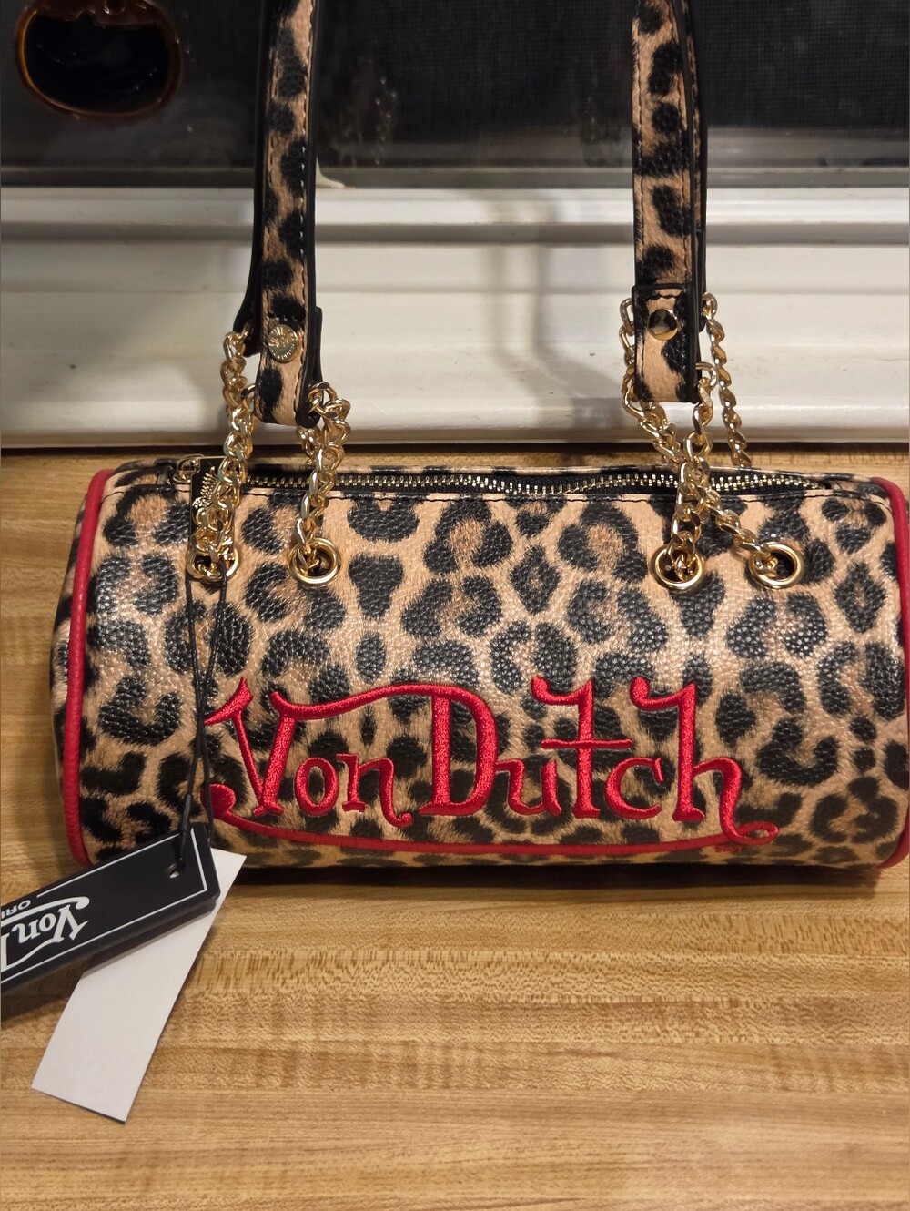 Von Dutch NWT Leopard Barrel Bag W/Red Detailing